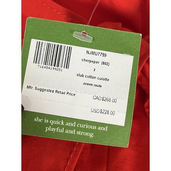 KATE SPADE Women's Sz 2 Red Cherpeper Slub Cotton Culotte Pants w/ Tie NWT - Picture 5 of 10